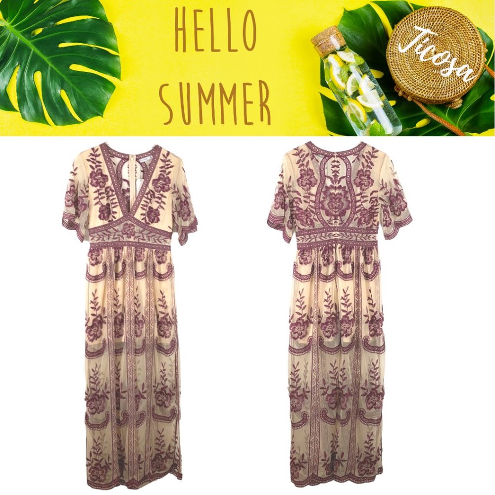 TICOSA Deep V-Neck Lace Short Sleeve Maxi Dress